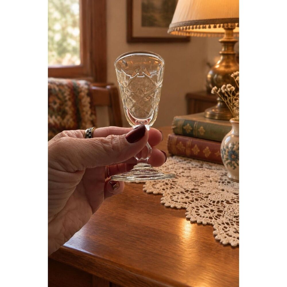 Vintage Clear Cut Crystal Cordial Liqueur Glasses Set of 2